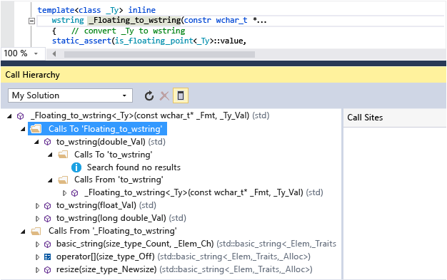 Captura de pantalla de la ventana Jerarquía de llamadas que muestra las llamadas a y desde Floating_to_wstring(). Por ejemplo, to_wstring() llama a Floating_to_wstring().
