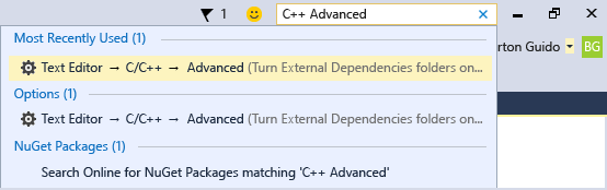 Captura de pantalla del cuadro de búsqueda Inicio rápido. Muestra la búsqueda de C++ avanzada, lo que da como resultado opciones para el editor de texto.