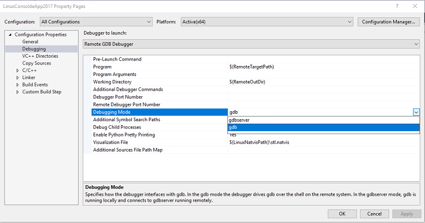Captura de pantalla del cuadro de diálogo Páginas de propiedades de la aplicación de consola Linux para Visual&nbsp;Studio&nbsp;2017 con la opción Propiedades de configuración > Depuración seleccionada y Modo de depuración resaltado con la opción GDB seleccionada y resaltada en la lista desplegable.
