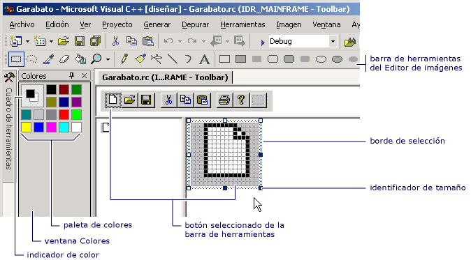 Captura de pantalla del Editor de barras de herramientas con controles resaltados.