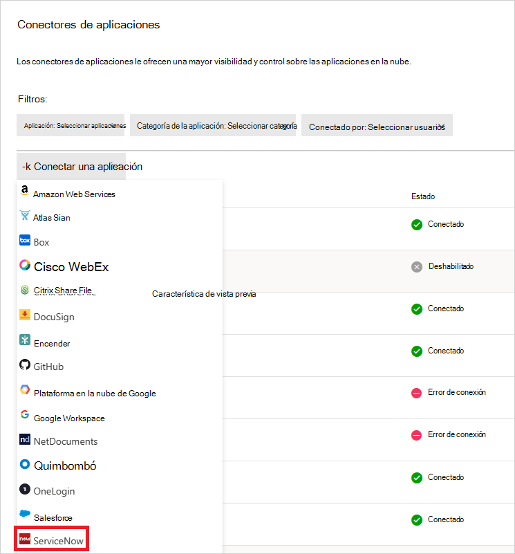 Captura de pantalla que muestra dónde encontrar el conector de ServiceNow en el portal de Defender.