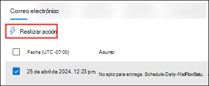 Captura de pantalla de la vista Correo electrónico (pestaña) de la tabla de detalles con un mensaje seleccionado y Acción activa.