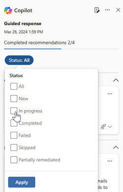 Captura de pantalla que muestra el estado de las respuestas en el panel Copilot de la página Microsoft Defender incidente.
