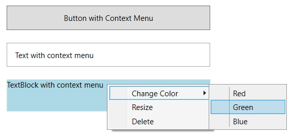 Captura de pantalla que muestra contextMenu en estados predeterminados y abiertos.