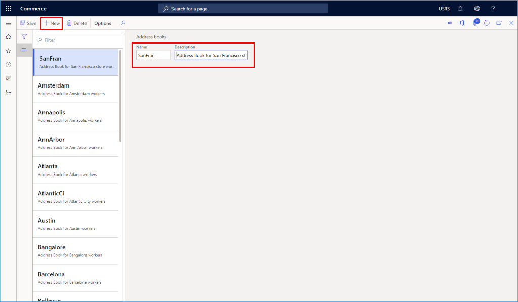 Captura de pantalla del ejemplo de la libreta de direcciones del empleado.