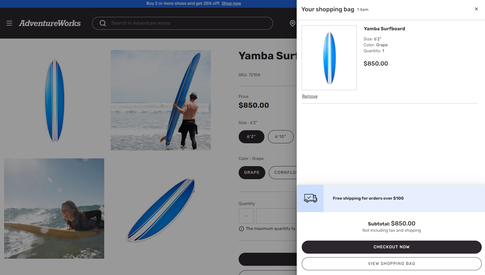 Captura de pantalla de una notificación de confirmación de agregado al carro en el sitio de Adventure Works.