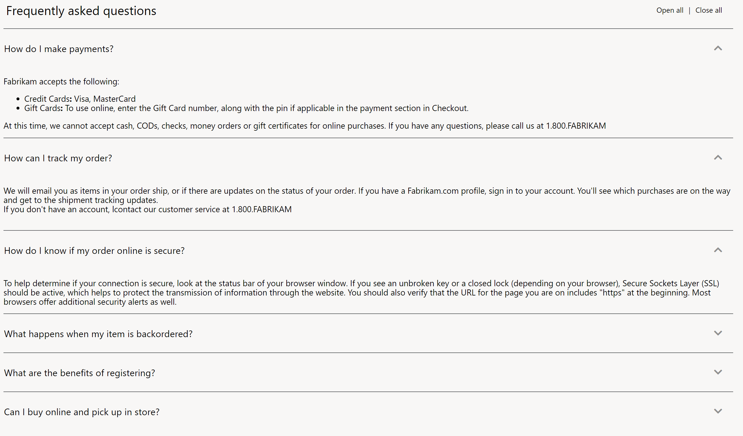 Captura de pantalla de un módulo acordeón.