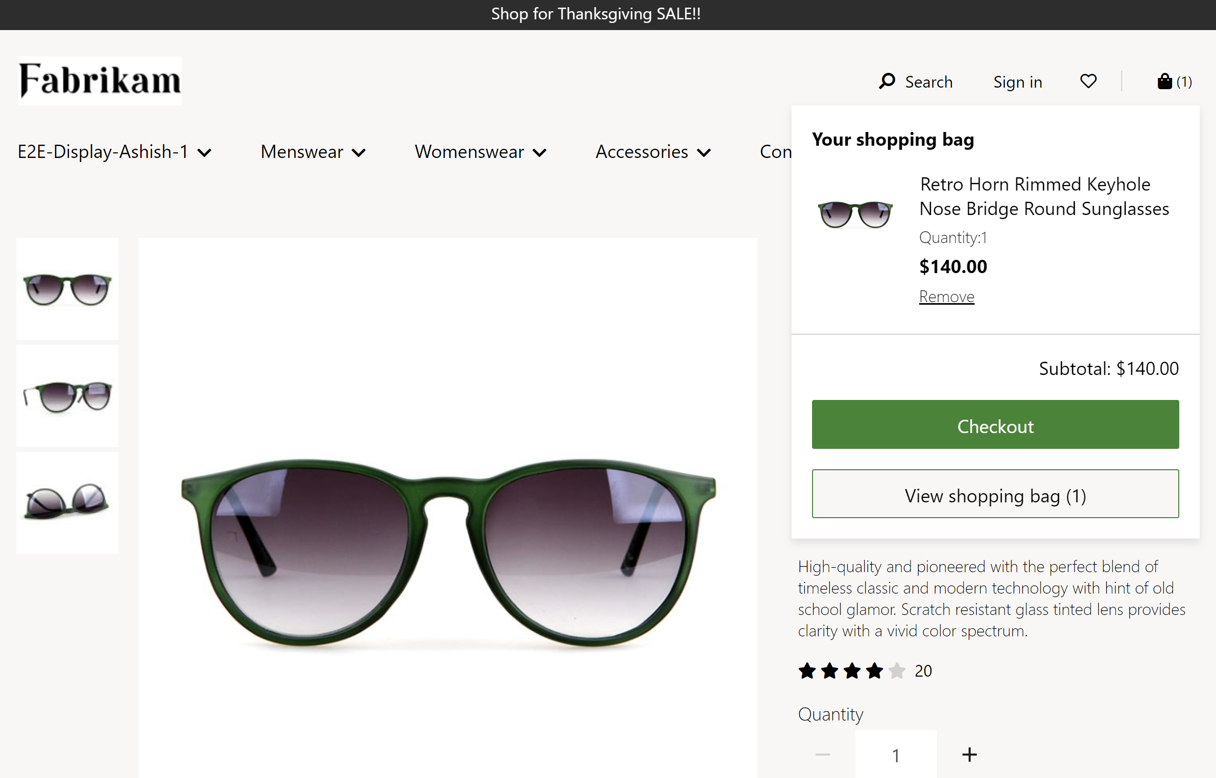 Captura de pantalla de un módulo de icono de carro que muestra un mini carro en el encabezado Fabrikam.