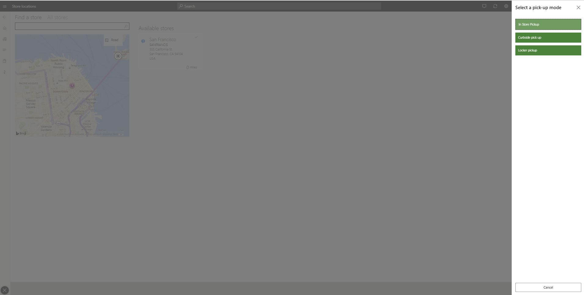 Captura de pantalla de la selección de una opción de recogida en la aplicación POS.