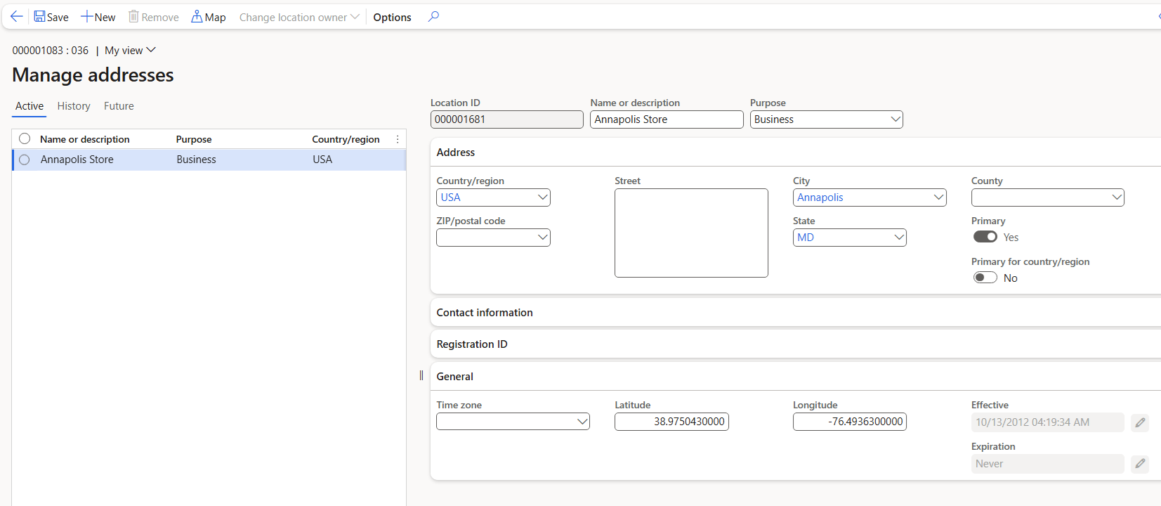 Ejemplo de configuración de latitud y longitud para una tienda en la sede.