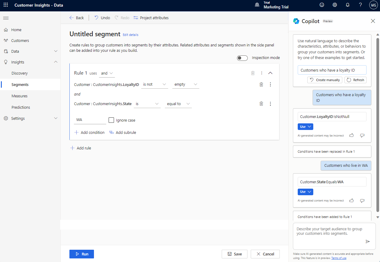 Copilotek Customer Insights - Datan sortutako segmentu-arau baten pantaila-argazkia.