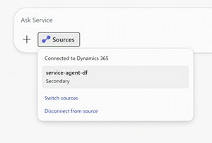 Iturburuak Zerbitzu Agentearen Dynamics 365 Customer Service ingurune konektatua erakusten du