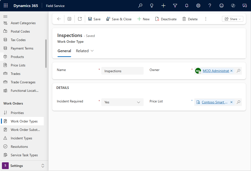 Field Servicen lan-ordena berri baten pantaila atzitzea.