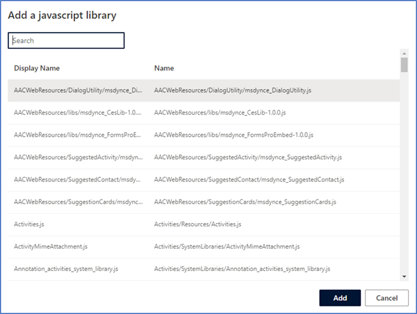 Iragarpen bati gehitzeko JavaScript liburutegien zerrenda erakusten duen pantaila-argazkia.