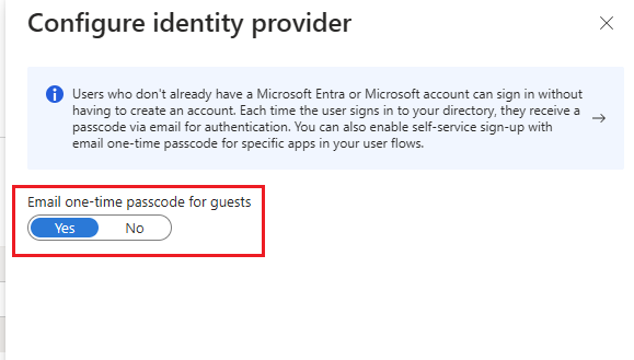 Captura de pantalla que muestra el interruptor para el código de acceso de un solo uso por correo electrónico.