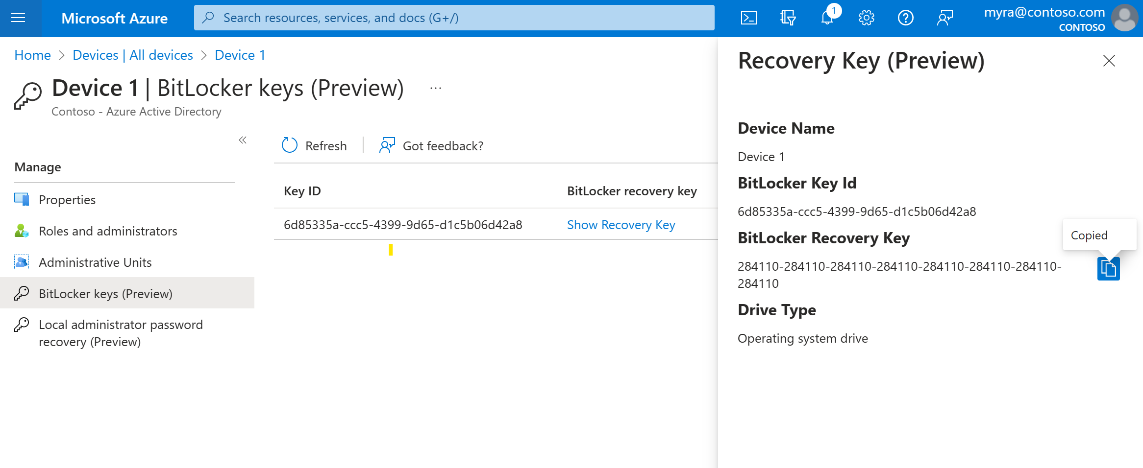 Captura de pantalla que muestra cómo ver las claves de BitLocker.