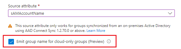 Captura de pantalla que muestra la configuración para emitir el atributo de grupo local para grupos sincronizados y el nombre para mostrar de los grupos en la nube.