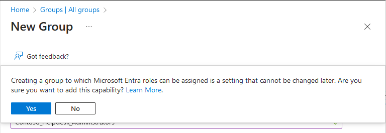 Captura de pantalla del mensaje de confirmación al crear un grupo con asignación de roles.