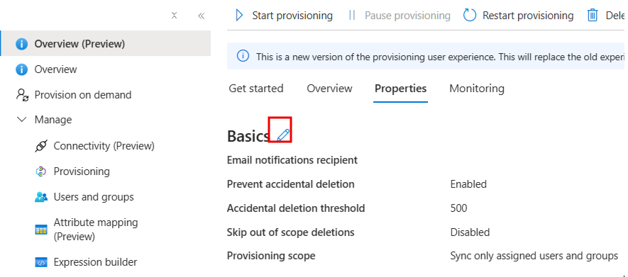 Captura de pantalla de la página Propiedades de aprovisionamiento que muestra la configuración de notificación y eliminación.