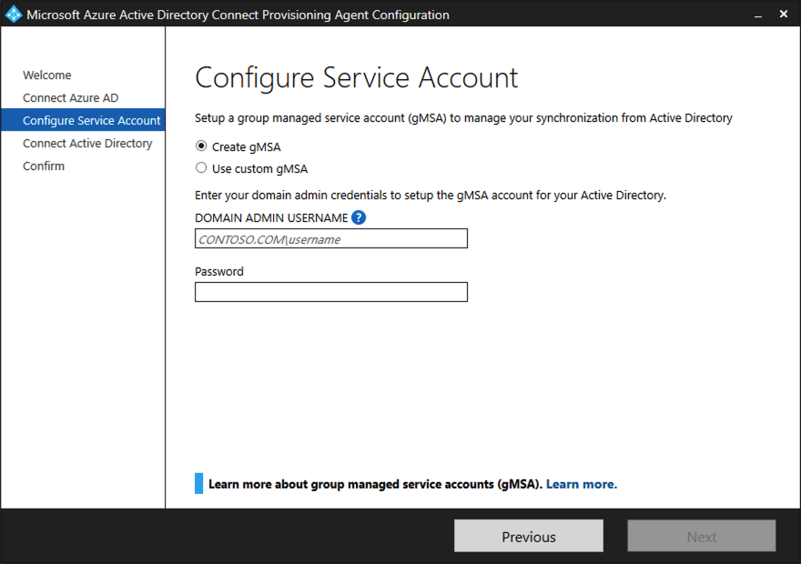 Captura de la pantalla Configuración de cuenta de servicio.
