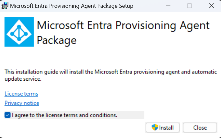 Captura de pantalla que muestra la pantalla de presentación Paquete de agente de aprovisionamiento de Microsoft Entra Connect.