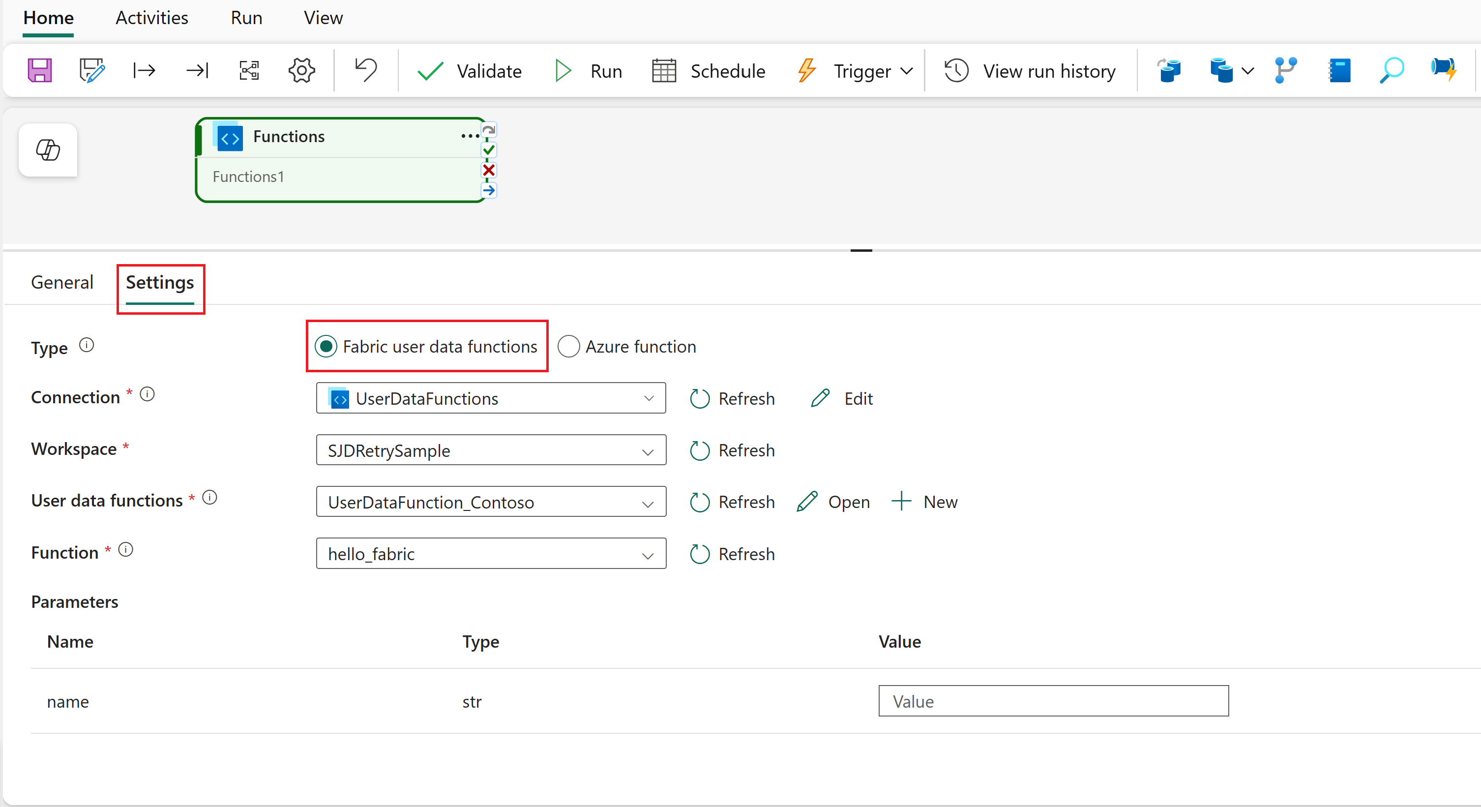 Captura de pantalla que muestra la pestaña Configuración de la actividad de funciones de datos de usuario de Fabric.