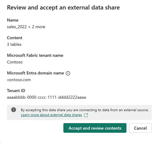Captura de pantalla que muestra el cuadro de diálogo de revisión y aceptación del recurso compartido de datos externo.