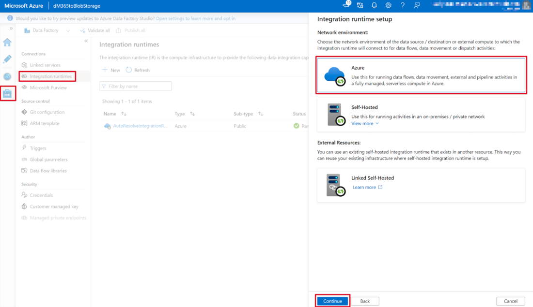 Captura de pantalla de la página del servicio Azure Portal Data Factory con la opción Azure seleccionada para el entorno de red.