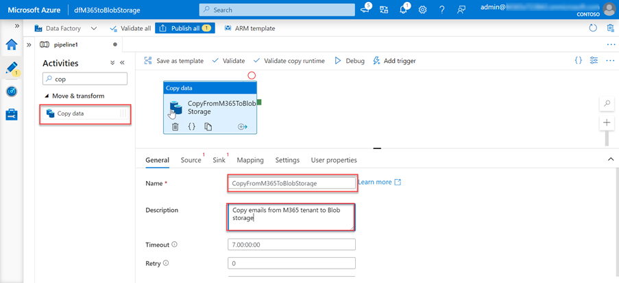 Captura de pantalla de la página del servicio Azure Portal Data Factory con los campos Copiar datos, Nombre y Descripción resaltados.