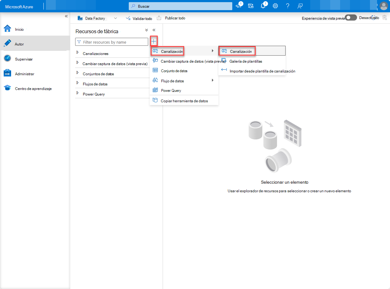 Captura de pantalla de la página del servicio Azure Portal Data Factory con canalización resaltada.