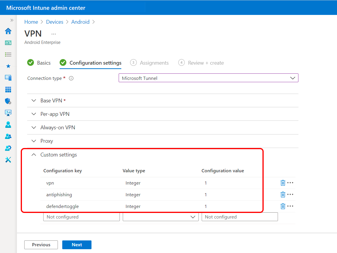 Configuración de opciones personalizadas en el perfil de VPN para Microsoft Defender para punto de conexión