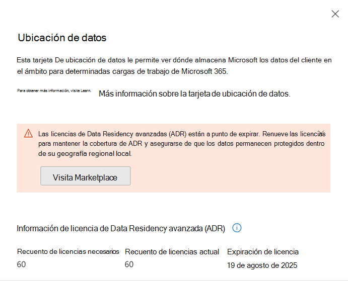 Captura de pantalla de la vista de ubicación de datos licencias ADR con fecha de expiración.