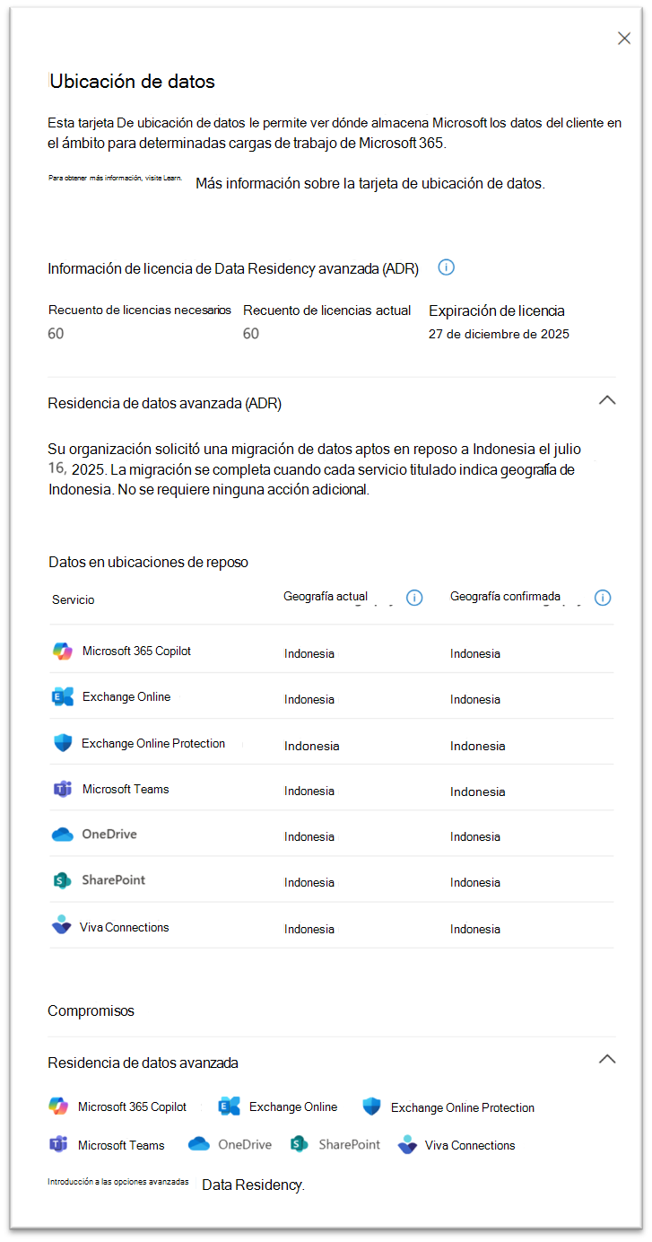 Captura de pantalla de la migración de la vista de ubicación de datos completada.