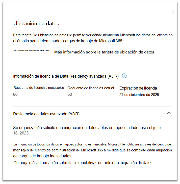 Captura de pantalla de la vista ubicación de los datos después de la aceptación de la migración.