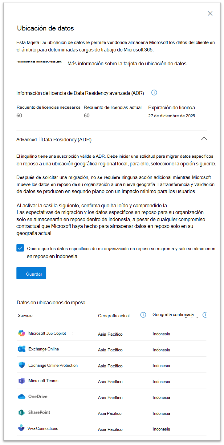 Captura de pantalla de la vista de ubicación de datos antes de la aceptación de la migración.
