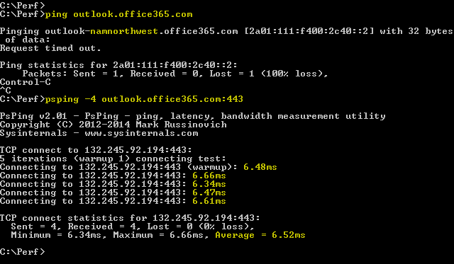 Captura de pantalla que muestra un ping resolviendo outlook.office365.com y un PSPing con el 443 haciendo lo mismo, pero también informando de un RTT medio de 6,5 ms.