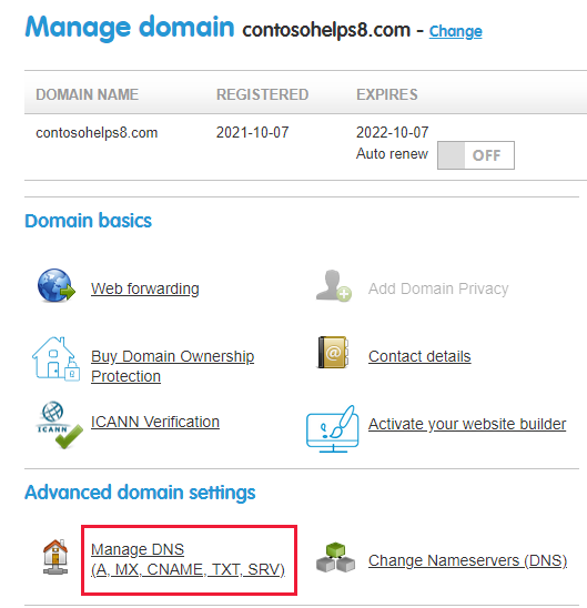 Seleccione Administrar DNS en la lista desplegable.