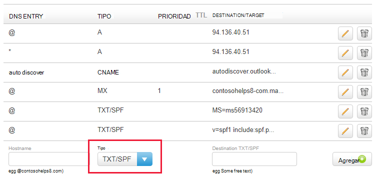 Seleccione el tipo TXT/SPF en la lista desplegable y rellene los valores.