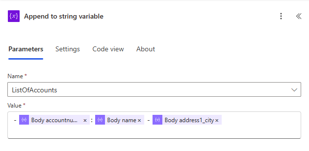 Captura de pantalla de las propiedades de acción Anexar a variable cadena.