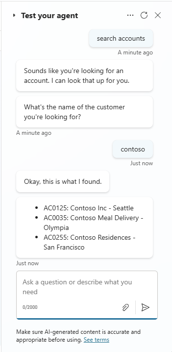 Captura de pantalla de una conversación de ejemplo en el panel de prueba.