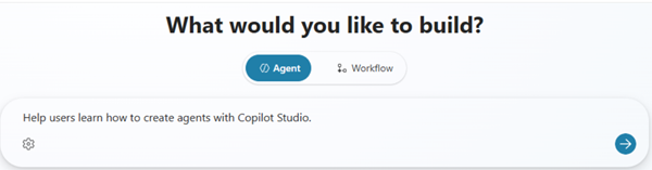 Captura de pantalla del área donde puede describir tu agente en la página de inicio de Copilot Studio.