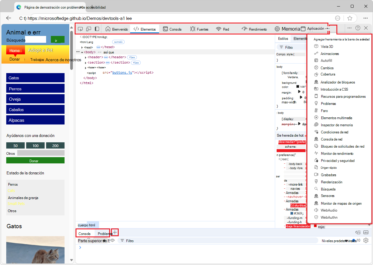 Herramientas predeterminadas, incluidos dos iconos y ocho pestañas en la barra de actividad