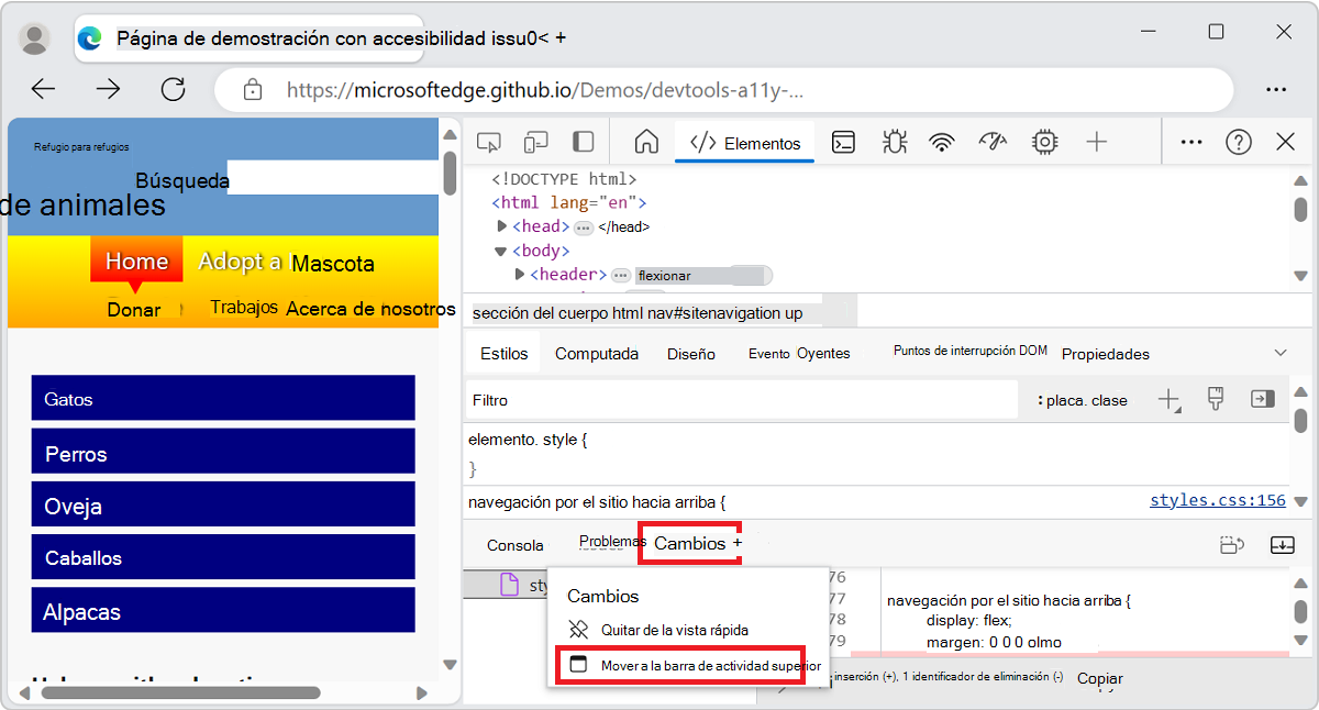 Menú contextual de una herramienta en la barra de herramientas vista rápida, incluido el comando 