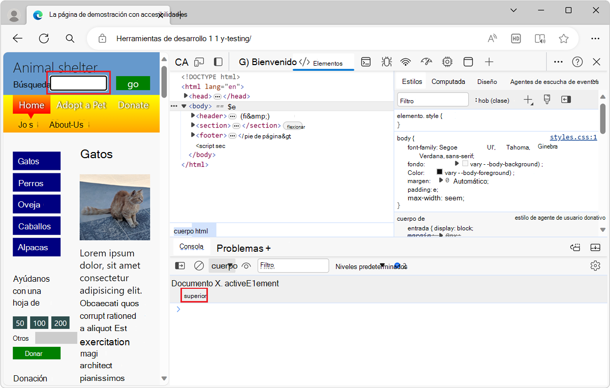 Resultado de live expression, cuando un cuadro de texto se centra en la página web