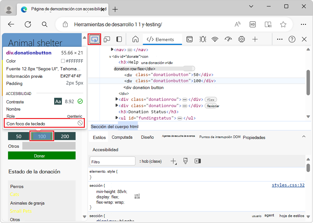 Al mantener el puntero sobre los botones de donación con la herramienta Inspeccionar se muestra que no son accesibles mediante teclado.