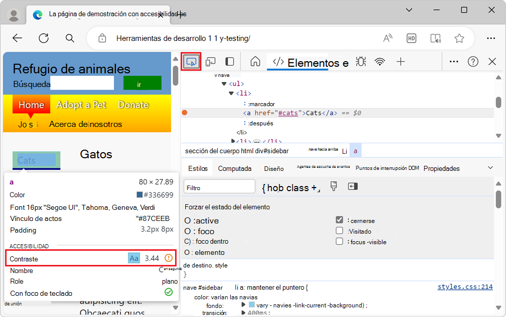 Prueba del contraste de un elemento en un estado de desplazamiento simulado