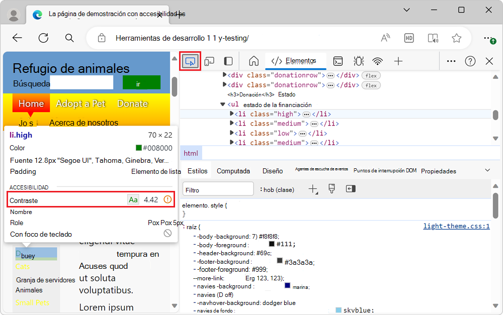Elemento que no tiene suficiente contraste, como se muestra en la advertencia de la herramienta Inspeccionar.