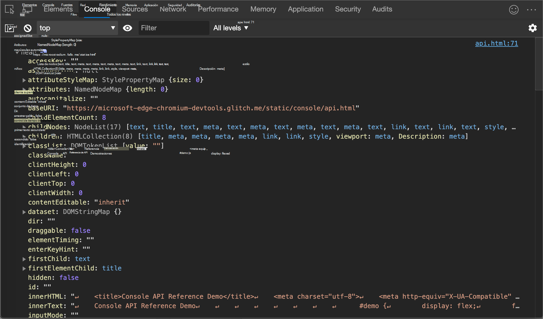 Resultado del ejemplo console.dir()