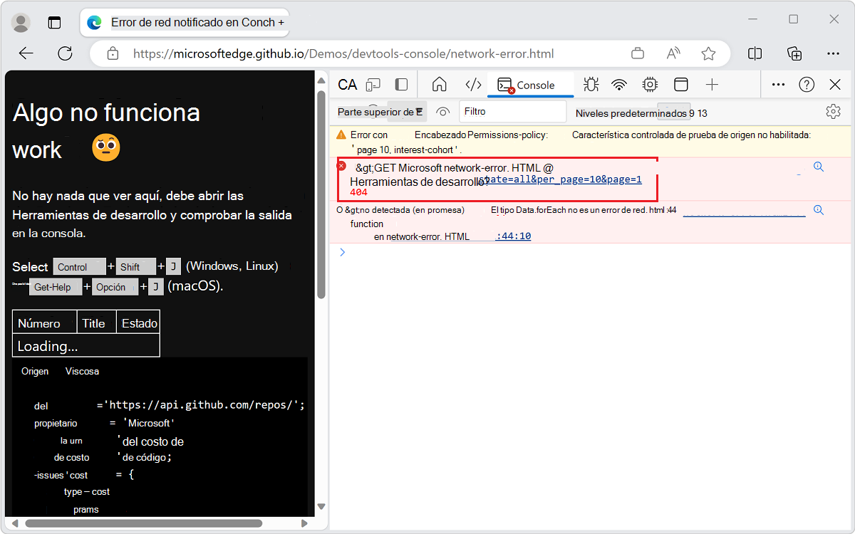 La consola muestra un código de estado HTTP del error después de no cargar un recurso