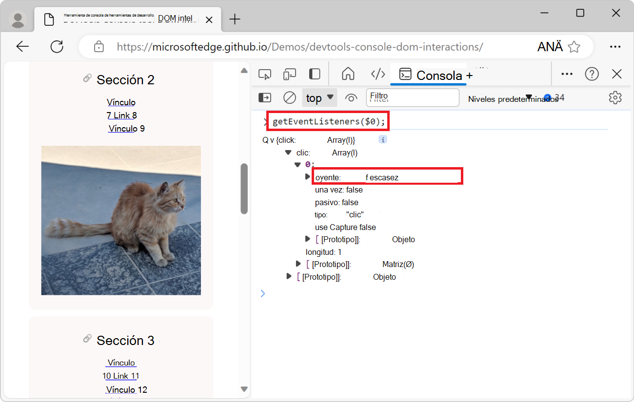 Objeto expandido, que muestra la propiedad listener